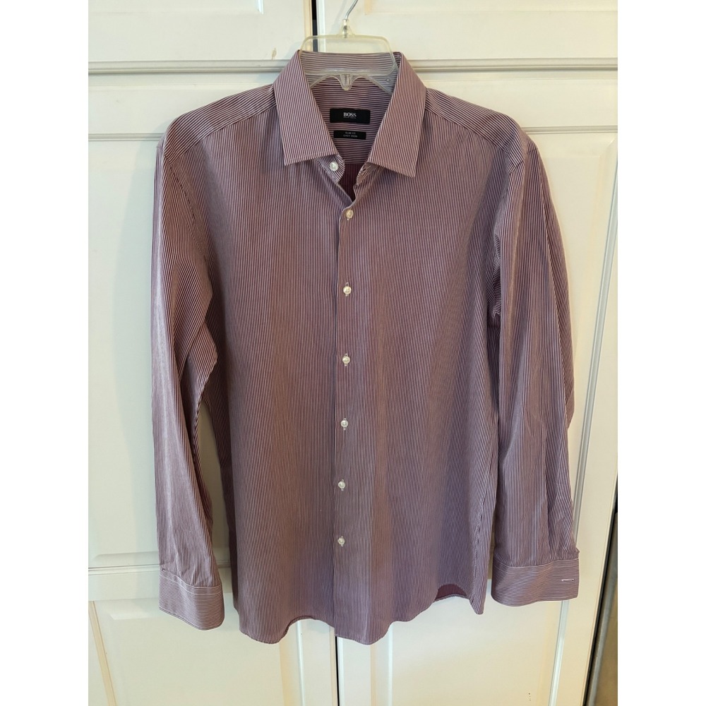 BOSS Hugo Boss Mens Slim Fit Burgundy Pinstripe Dress Shirt